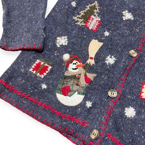 Vintage 90s Christmas Cardigan Sweater Medium Snowmen Blue Speckled Angora Tree - Picture 9 of 12